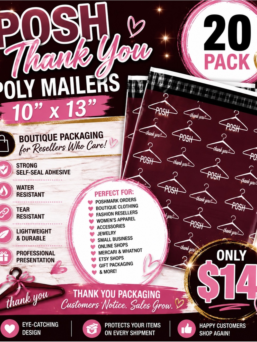 ★ 20 POSH Thank You Poly Mailers 10x13 Boutique Shipping Bags